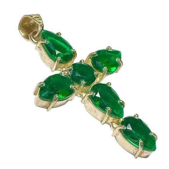 Gemstone Cross Pendant Deep Green CZ Stones Chrome Diopside Color (2.25") - Picture 2 of 4